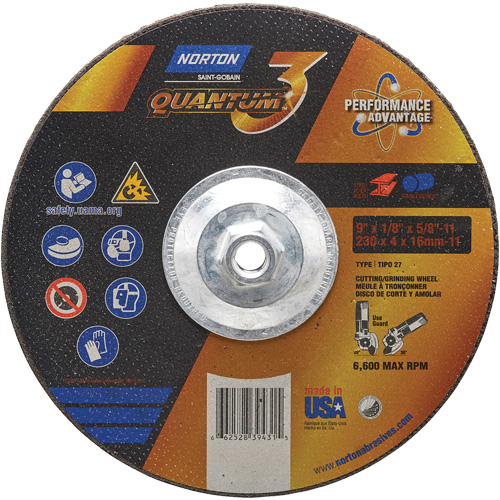 Quantum3 Grinding & Cutting Wheel, 9" x 1/8", 5/8"-11 Arbor, Type 27, 24 Grit, Ceramic Alumina Les Fournitures Industrielles Méga