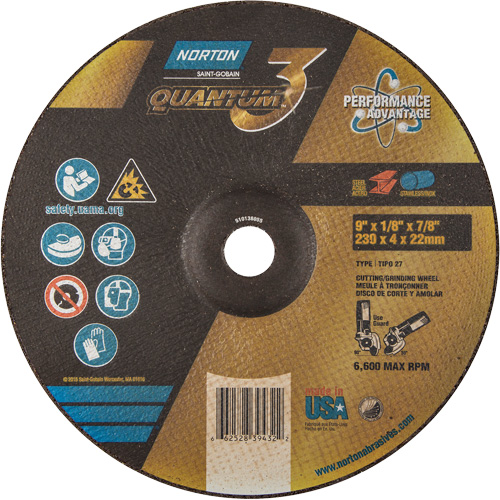 Disque de rectification et de tronçonnage Quantum3, 9" x 1/8", Arbre de 7/8", Type 27, Grain de 24, C&eacute;ramique d'alumine Les Fournitures Industrielles Méga
