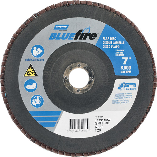 BlueFire&reg; R884P/R884V/R860 Center Mount Fiberglass Conical Flap Disc, 7" x 7/8", Type 29, P36 Grit, Zirconia Alumina Les Fournitures Industrielles Méga
