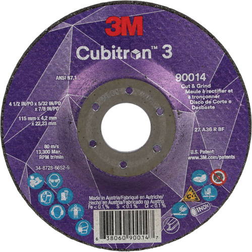 Meule &agrave; couper & tronçonner Cubitron 3, 4-1/2" x 5/32", Arbre de 7/8", Type T27, Grain de 36+, C&eacute;ramique Les Fournitures Industrielles Méga