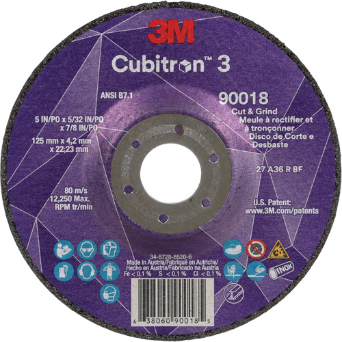 Meule &agrave; couper & tronçonner Cubitron 3, 5" x 5/32", Arbre de 7/8", Type T27, Grain de 36+, C&eacute;ramique Les Fournitures Industrielles Méga