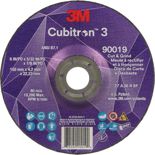 Meule &agrave; couper & tronçonner Cubitron 3, 6" x 5/32", Arbre de 7/8", Type T27, Grain de 36+, C&eacute;ramique Les Fournitures Industrielles Méga