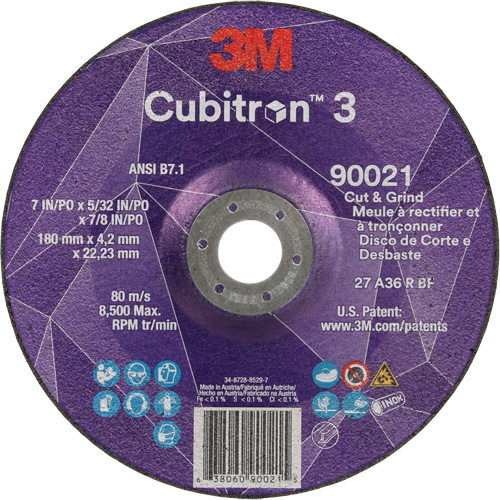 Meule &agrave; couper & tronçonner Cubitron 3, 7" x 5/32", Arbre de 7/8", Type T27, Grain de 36+, C&eacute;ramique Les Fournitures Industrielles Méga