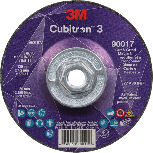 Meule &agrave; couper & tronçonner Cubitron 3, 5" x 5/32", Arbre de 5/8"-11, Type T27, Grain de 36+, C&eacute;ramique Les Fournitures Industrielles Méga