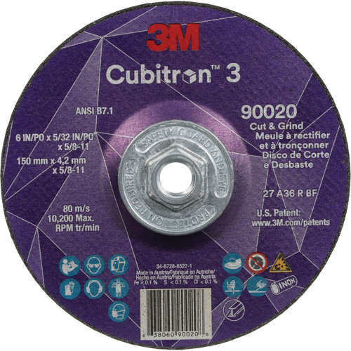 Meule &agrave; couper & tronçonner Cubitron 3, 6" x 5/32", Arbre de 5/8"-11, Type T27, Grain de 36+, C&eacute;ramique Les Fournitures Industrielles Méga