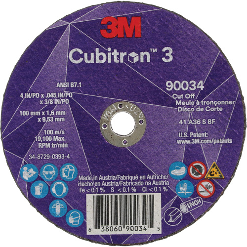 Cubitron 3 Cut-Off Wheel, 4" x 0.045", 3/8" Arbor, Type T1, Ceramic, 21000 RPM Les Fournitures Industrielles Méga