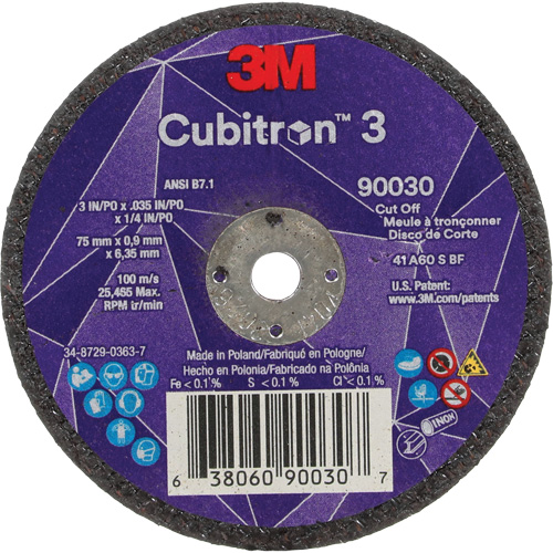 Cubitron 3 Cut-Off Wheel, 3" x 0.035", 1/4" Arbor, Type T1, Ceramic, 21000 RPM Les Fournitures Industrielles Méga