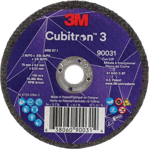 Cubitron 3 Cut-Off Wheel, 3" x 0.035", 3/8" Arbor, Type T1, Ceramic, 21000 RPM Les Fournitures Industrielles Méga
