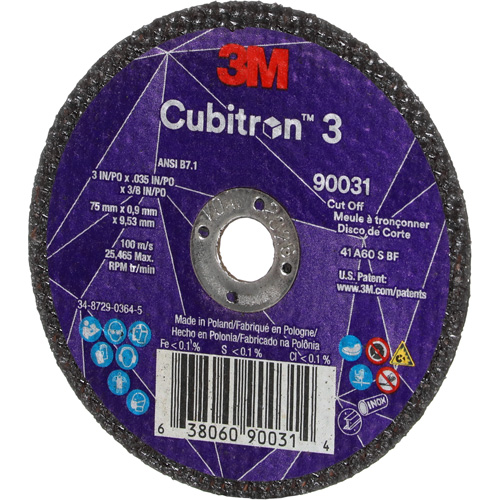 Cubitron 3 Cut-Off Wheel, 3" x 0.035", 3/8" Arbor, Type T1, Ceramic, 21000 RPM Les Fournitures Industrielles Méga