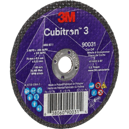 Cubitron 3 Cut-Off Wheel, 3" x 0.035", 3/8" Arbor, Type T1, Ceramic, 21000 RPM Les Fournitures Industrielles Méga