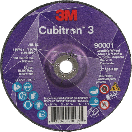 Meule a moyeu d&eacute;port&eacute; Cubitron 3, 4" x 1/4", Arbre 3/8", C&eacute;ramique, Type T27 Les Fournitures Industrielles Méga