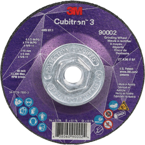 Meule a moyeu d&eacute;port&eacute; Cubitron 3, 4-1/2" x 1/4", Arbre 5/8"-11, C&eacute;ramique, Type T27 Les Fournitures Industrielles Méga