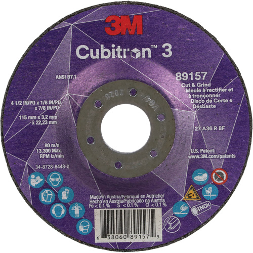 Meule &agrave; rectifier et &agrave; tronçonner Cubitron 3, 4-1/2" x 1/8", Arbre de 7/8", Type 27, Grain de 36, C&eacute;ramique Les Fournitures Industrielles Méga