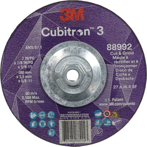 Meule &agrave; rectifier et &agrave; tronçonner Cubitron 3, 7" x 1/8", Arbre de 5/8"-11, Type 27, Grain de 36, C&eacute;ramique Les Fournitures Industrielles Méga