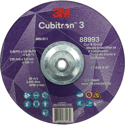 Cubitron 3 Cut and Grind Wheel, 9" x 1/8", 5/8"-11 Arbor, Type 27, 36 Grit, Ceramic Les Fournitures Industrielles Méga