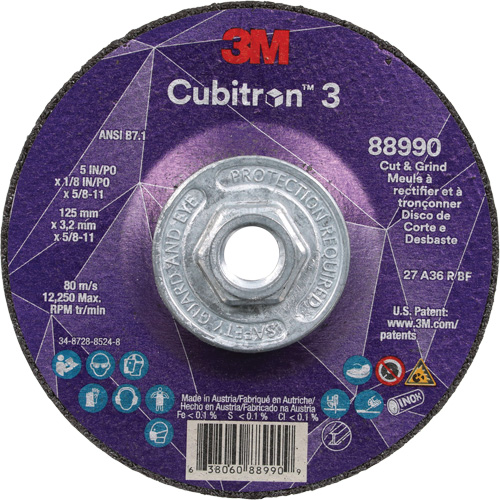 Meule &agrave; rectifier et &agrave; tronçonner Cubitron 3, 5" x 1/8", Arbre de 5/8"-11, Type 27, Grain de 36, C&eacute;ramique Les Fournitures Industrielles Méga