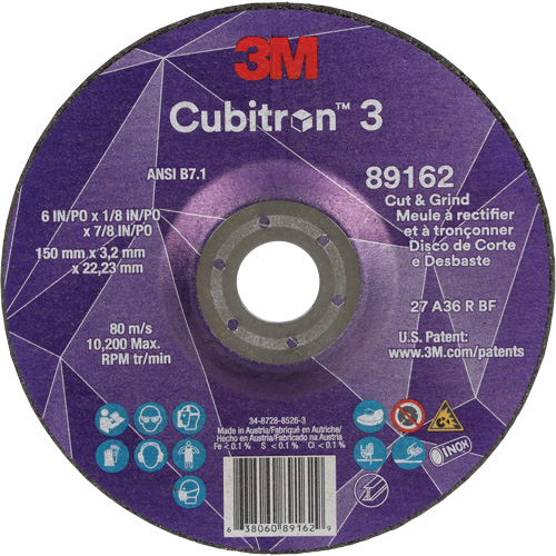 Meule &agrave; rectifier et &agrave; tronçonner Cubitron 3, 6" x 1/8", Arbre de 7/8", Type 27, Grain de 36, C&eacute;ramique Les Fournitures Industrielles Méga