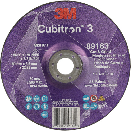 Cubitron 3 Cut and Grind Wheel, 7" x 1/8", 7/8" Arbor, Type 27, 36 Grit, Ceramic Les Fournitures Industrielles Méga