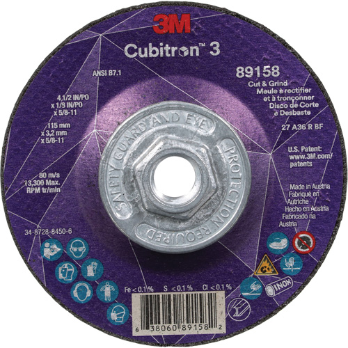 Cubitron 3 Cut and Grind Wheel, 4-1/2" x 1/8", 5/8"-11 Arbor, Type 27, 36 Grit, Ceramic Les Fournitures Industrielles Méga