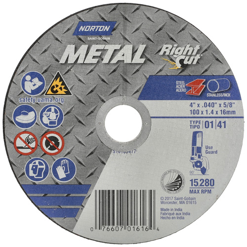 Meule &agrave; tronçonner m&eacute;tallique pour coupe &agrave; angle droit RightCut, 4-1/2" x 0,04", Arbre de 7/8", Type 01/41, Oxyde d'aluminium, 13580 Tr/min Les Fournitures Industrielles Méga