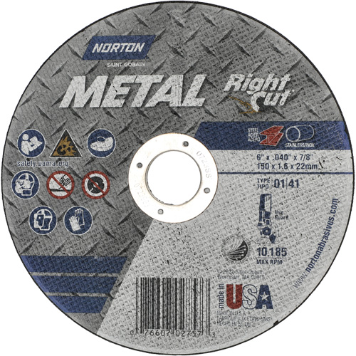 Meule &agrave; tronçonner m&eacute;tallique pour coupe &agrave; angle droit RightCut, 6" x 0,04", Arbre de 7/8", Type 01/41, Oxyde d'aluminium, 10185 Tr/min Les Fournitures Industrielles Méga