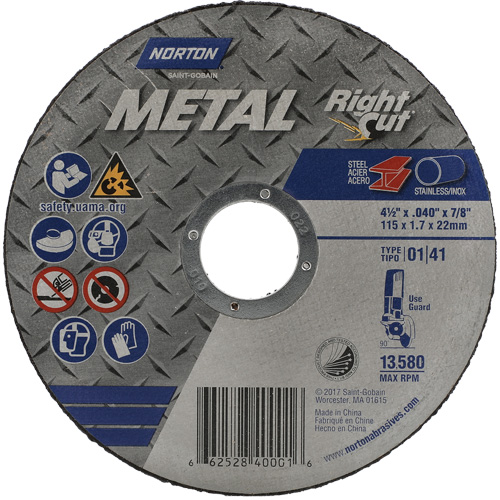 Meule &agrave; tronçonner m&eacute;tallique pour coupe &agrave; angle droit RightCut, 4-1/2" x 0,045", Arbre de 7/8", Type 01/41, Oxyde d'aluminium, 13580 Tr/min Les Fournitures Industrielles Méga