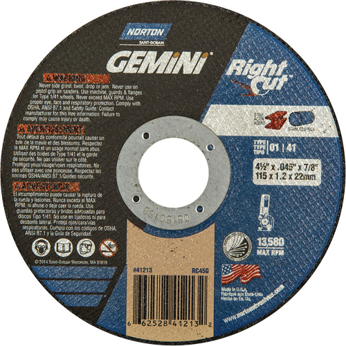 Meule &agrave; tronçonner pour coupe &agrave; angle droit RightCut Gemini, 4-1/2" x 0,045", Arbre de 7/8", Type 01/41, Oxyde d'aluminium, 13580 Tr/min Les Fournitures Industrielles Méga