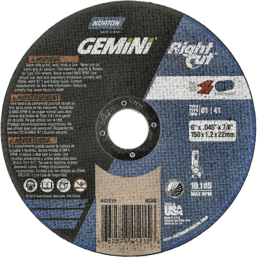 Meule &agrave; tronçonner pour coupe &agrave; angle droit RightCut Gemini, 6" x 0,045", Arbre de 7/8", Type 01/41, Oxyde d'aluminium, 10185 Tr/min Les Fournitures Industrielles Méga