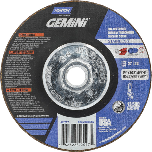 Meule &agrave; tronçonner pour coupe &agrave; angle droit INOX/SS Gemini, 4-1/2" x 3/32", Arbre de 5/8"-11, Type 27/42, Oxyde d'aluminium, 13580 Tr/min Les Fournitures Industrielles Méga