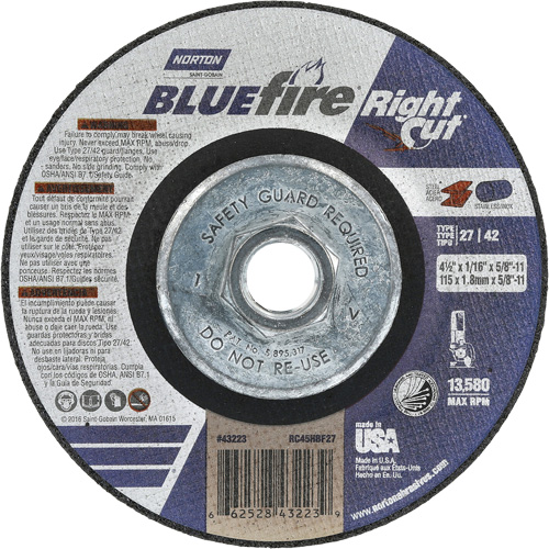 Meule &agrave; tronçonner pour coupe &agrave; angle droit RightCut BlueFire, 4-1/2" x 1/16", Arbre de 5/8"-11, Type 27/42, Oxyde d'aluminium, 13580 Tr/min Les Fournitures Industrielles Méga