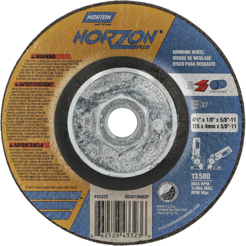 Disque de meulage et tronçonnage NorZon Plus SGZ CA, 4-1/2" x 1/8", Arbre de 5/8"-11, Type 27, C&eacute;ramique d'alumine Les Fournitures Industrielles Méga