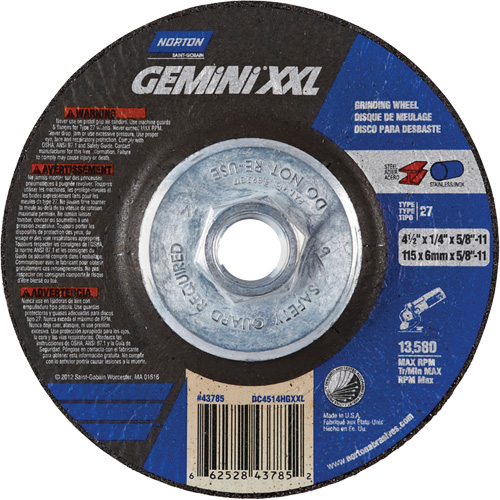 Meule XXL Gemini, 4-1/2" x 1/4", Arbre 5/8"-11, Oxyde d'aluminium, Type 27 Les Fournitures Industrielles Méga