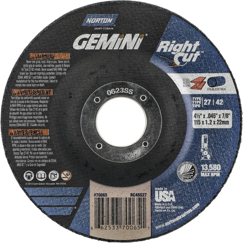 Meule &agrave; tronçonner pour coupe &agrave; angle droit RightCut Gemini, 4-1/2" x 0,045", Arbre de 7/8", Type 27/42, Oxyde d'aluminium, 13580 Tr/min Les Fournitures Industrielles Méga