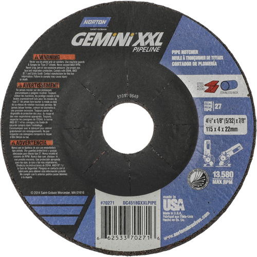 Disque combin&eacute; de meulage et tronçonnage Gemini XXL, 4-1/2" x 1/8", Arbre de 7/8", Type 27, Oxyde d'aluminium Les Fournitures Industrielles Méga