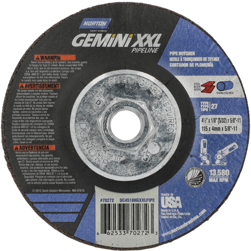 Disque combin&eacute; de meulage et tronçonnage Gemini XXL, 4-1/2" x 1/8", Arbre de 5/8"-11, Type 27, Oxyde d'aluminium Les Fournitures Industrielles Méga