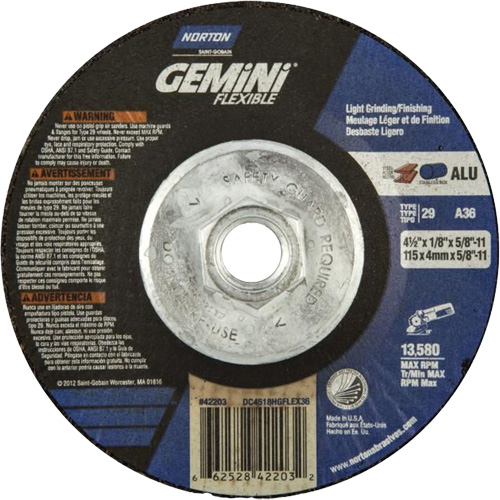 Meule et meule &agrave; tronçonner combin&eacute;e et flexible Gemini A AO, 4-1/2" x 1/8", Arbre de 5/8"-11, Type 29, Oxyde d'aluminium, 13580 Tr/min Les Fournitures Industrielles Méga
