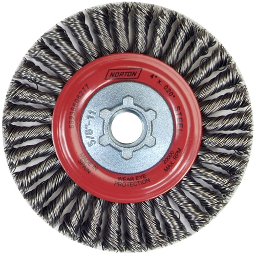 Brosse &agrave; fils nou&eacute;s pour cordons de soudure pour meuleuse angulaire, Dia. 4", Fils 0,02", Arbre 5/8"-11, Acier Les Fournitures Industrielles Méga