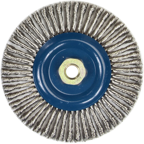 Brosse &agrave; fils nou&eacute;s pour cordons de soudure pour meuleuse angulaire, Dia. 6", Fils 0,02", Arbre 5/8"-11, Acier inoxydable Les Fournitures Industrielles Méga