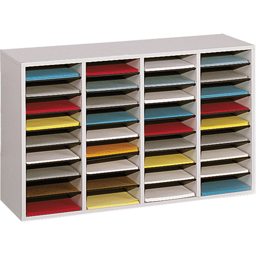 Adjustable Compartment Literature Organizer, Stationary, 36 Slots, Wood, 39-1/4" W x 11-3/4" D x 24" H Les Fournitures Industrielles Méga