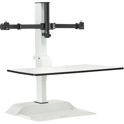 Bureau &eacute;lectrique assis/debout Soar avec bras d&eacute;cran double, Mod&egrave;le de bureau, 37-1/4" h x 27-3/4" la x 22" p, Blanc Les Fournitures Industrielles Méga