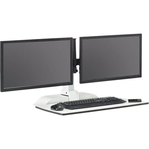 Bureau &eacute;lectrique assis/debout Soar avec bras d&eacute;cran double, Mod&egrave;le de bureau, 37-1/4" h x 27-3/4" la x 22" p, Blanc Les Fournitures Industrielles Méga