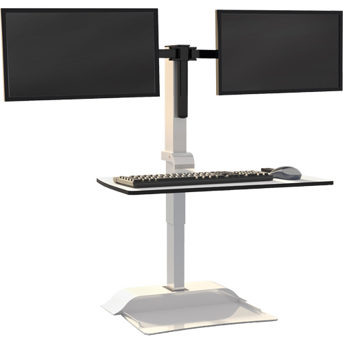 Bureau &eacute;lectrique assis/debout Soar avec bras d&eacute;cran double, Mod&egrave;le de bureau, 37-1/4" h x 27-3/4" la x 22" p, Blanc Les Fournitures Industrielles Méga