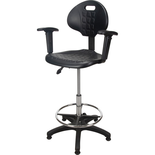 Tabouret ergonomique robuste avec accoudoirs r&eacute;glables, Stationnaire, Ajustable, 39" - 48", Polyur&eacute;thane Si&egrave;ge, Noir Les Fournitures Industrielles Méga