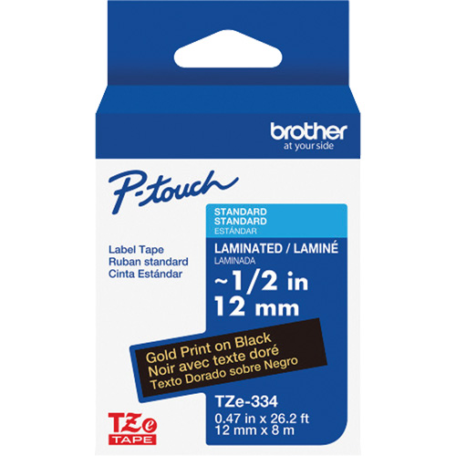 TZe-334 Laminated Tape for TZe-Compatible P-Touch Label Makers, Gold on Black, 0.47" Width Les Fournitures Industrielles Méga