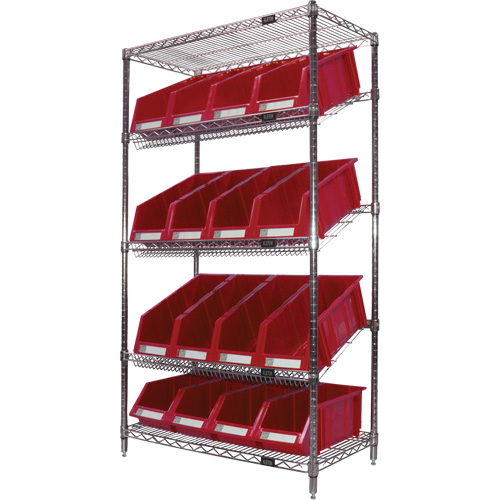 &eacute;tag&egrave;re en treillis m&eacute;tallique &agrave; tablettes inclin&eacute;es avec bacs, Tiers 5, 36" la x 63" h x 18" p Les Fournitures Industrielles Méga