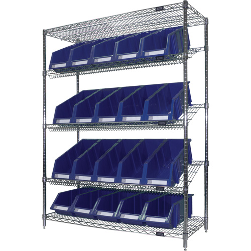 Slanted Wire Shelf with Bins, 5 Tiers, 48" W x 63" H x 18" D Les Fournitures Industrielles Méga