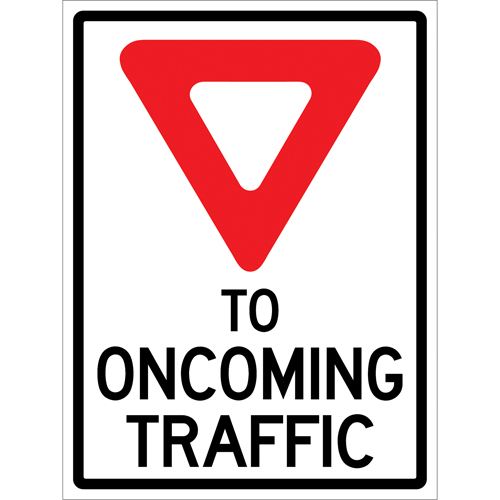Enseigne enroulable de circulation  Yield to Oncoming Traffic , 36" x 48", Vinyle, Anglais avec pictogramme Les Fournitures Industrielles Méga