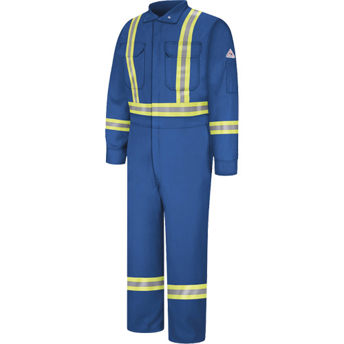 Combinaisons de qualit&eacute; sup&eacute;rieure r&eacute;sistantes aux flammes avec bandes r&eacute;fl&eacute;chissantes, Taille 38, Bleu royal, 12,2 cal/cm² Les Fournitures Industrielles Méga