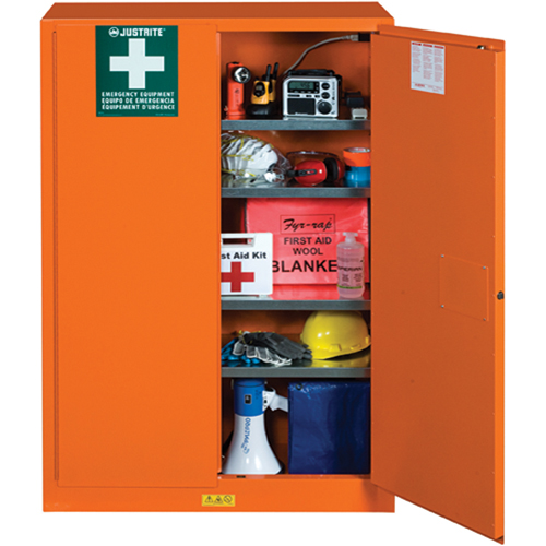 Armoires de rangement pour pr&eacute;paration aux situations d'urgence, Acier, 4 Tablettes, 65" h x 43" la x 18" P, Orange Les Fournitures Industrielles Méga