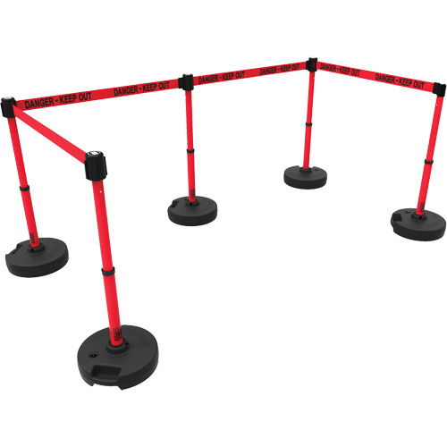 Ensemble de cinq montants pour barri&egrave;re PLUS, Plastique, 42" h, Ruban Rouge, Longueur du ruban 15' Les Fournitures Industrielles Méga